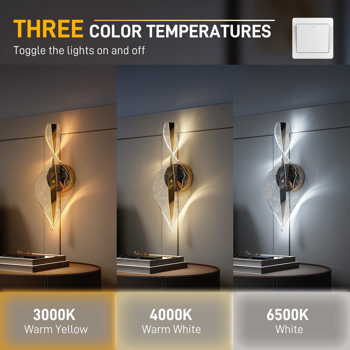 Led Wall Lamp 2 Pack, 13W Modern Indoor Spiral Wall Light, Colour Temperature Adjustable 3000K/4000K/6500K, for Bedroom, Living Room, Hallway, Stairs, Gold Tone