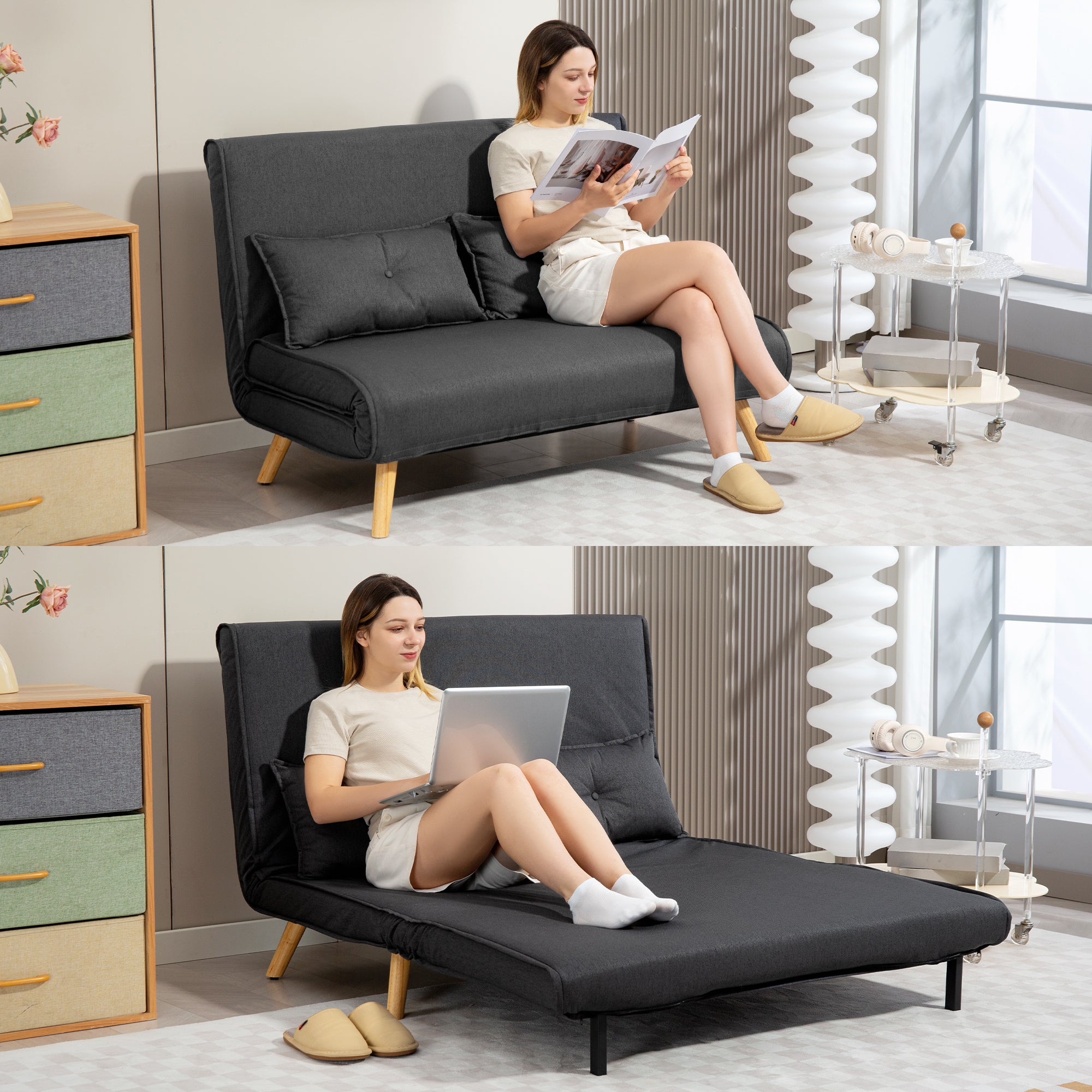 HOMCOM Two-Seater Linen-Look Sofa Bed - Charcoal Grey
