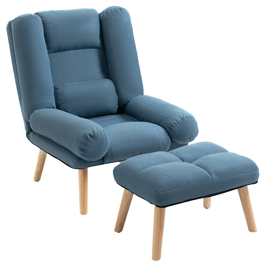 HOMCOM Recliner Chair with Footstool, Recliner Armchair with Adjustable Backrest, Thick Cushion and Wooden Legs, Blue