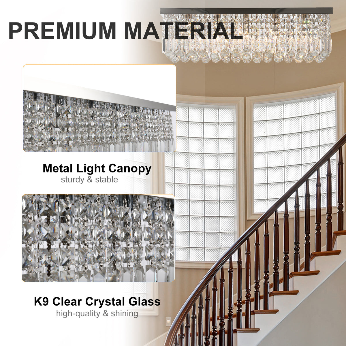 Modern Crystal Ceiling Light Square Crystal Chandelier for Living Room, Dining Room, Hall, 5 x E14 Lamp Holders, Silver, 80 x 25 x 23cm