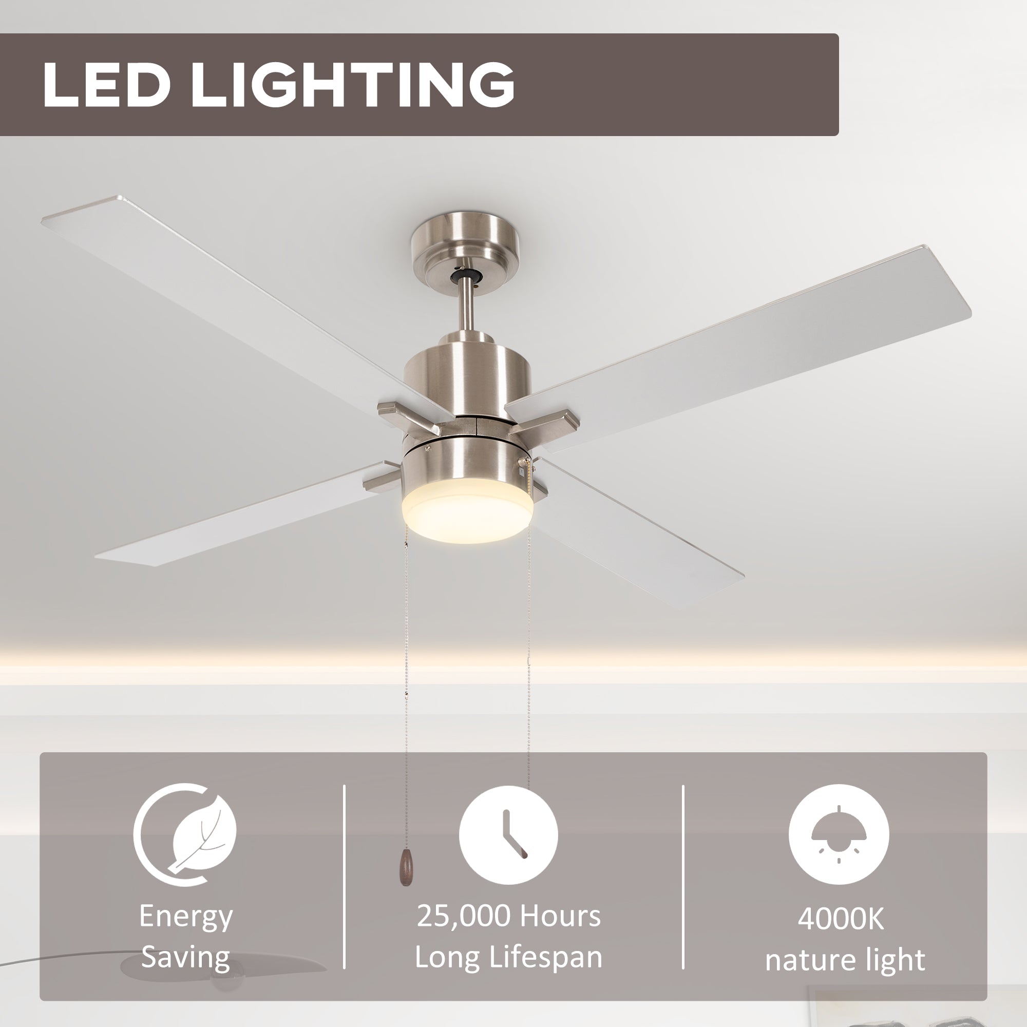 Ceiling Fan with LED Light, Flush Mount Ceiling Fan Lights with Reversible Blades, Pull-chain, Silver and Natural Tone