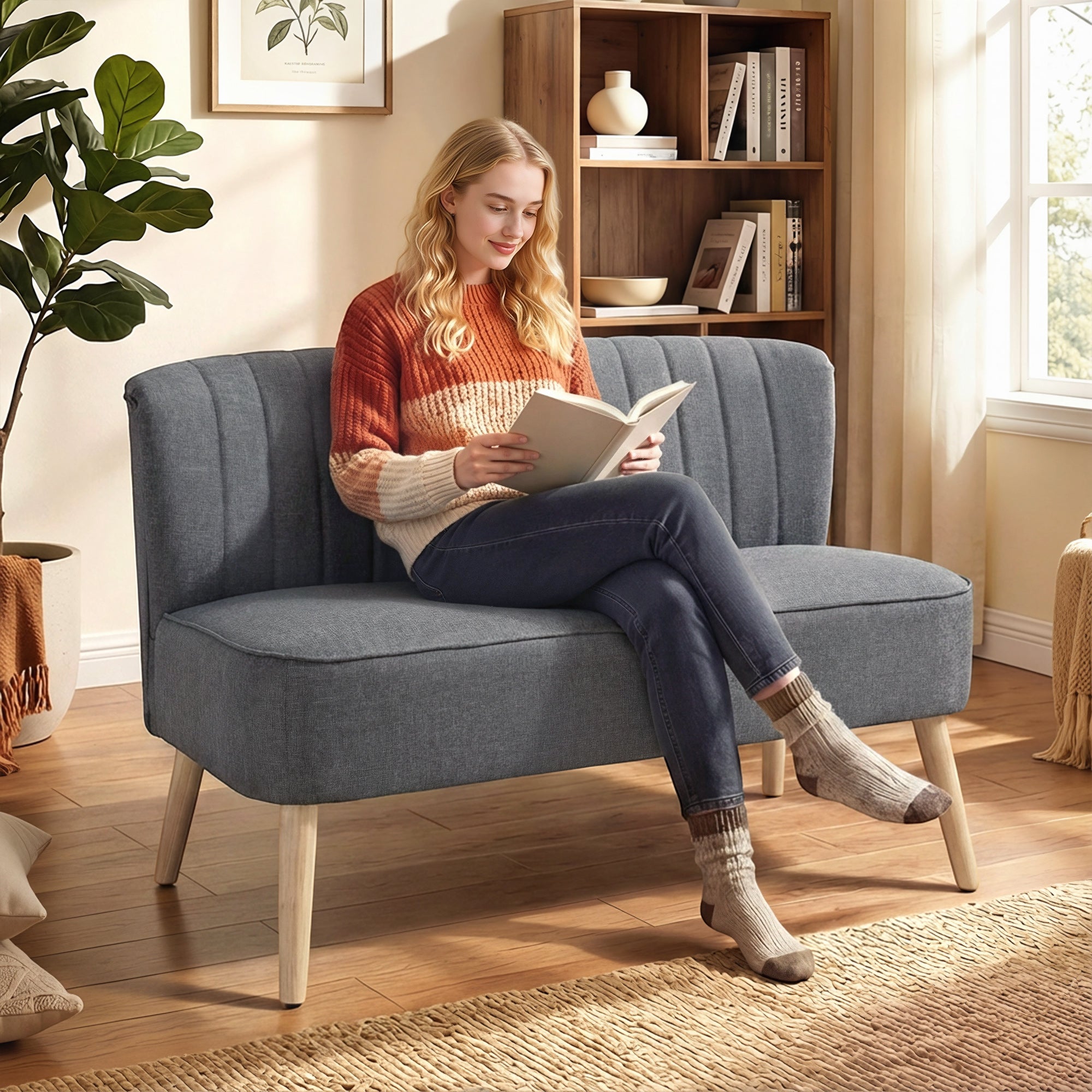 HOMCOM Modern Double Seat Sofa Loveseat Couch 2 Seater Compact Sofa Padded Linen Wood Leg Grey