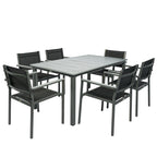 Outsunny Garden Dining Set with Acacia Wood Table Top, Outdoor Table and Stackable Chairs Set for 6 with Texteline Seat, for Patio, Conservatory, Terrace, Grey