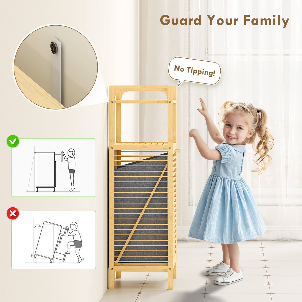 HOMCOM Bamboo Laundry Cabinet with Slatted Door, Bathroom Cabinet with Tilt-Out Hamper and Removable Liner Bag, 40 x 30D x 95 cm, Natural Wood Finish