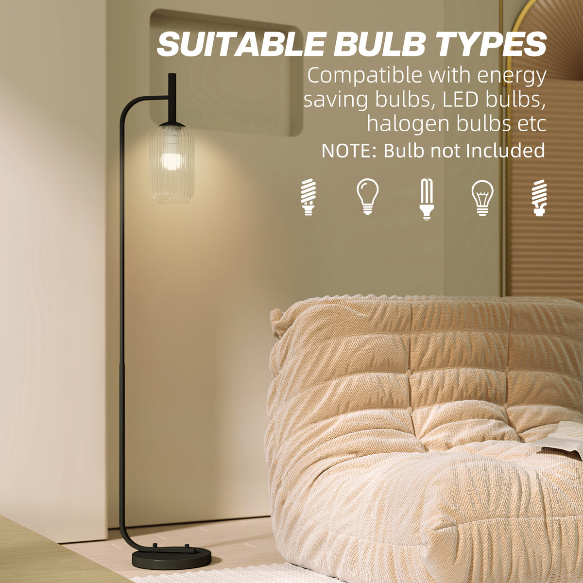 Floor Lamp for Living Room with Glass Lampshade, Modern Standing Lamp with Foot Switch for Bedroom, Bulb not Included, Black
