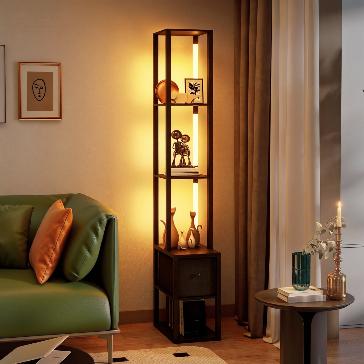 Floor Lamp with Shelves, LED Column Modern Standing Lamp with Fabric Drawer, Adjustable Brightness, Foot Switch for Living Room, Bedroom, Office, Black