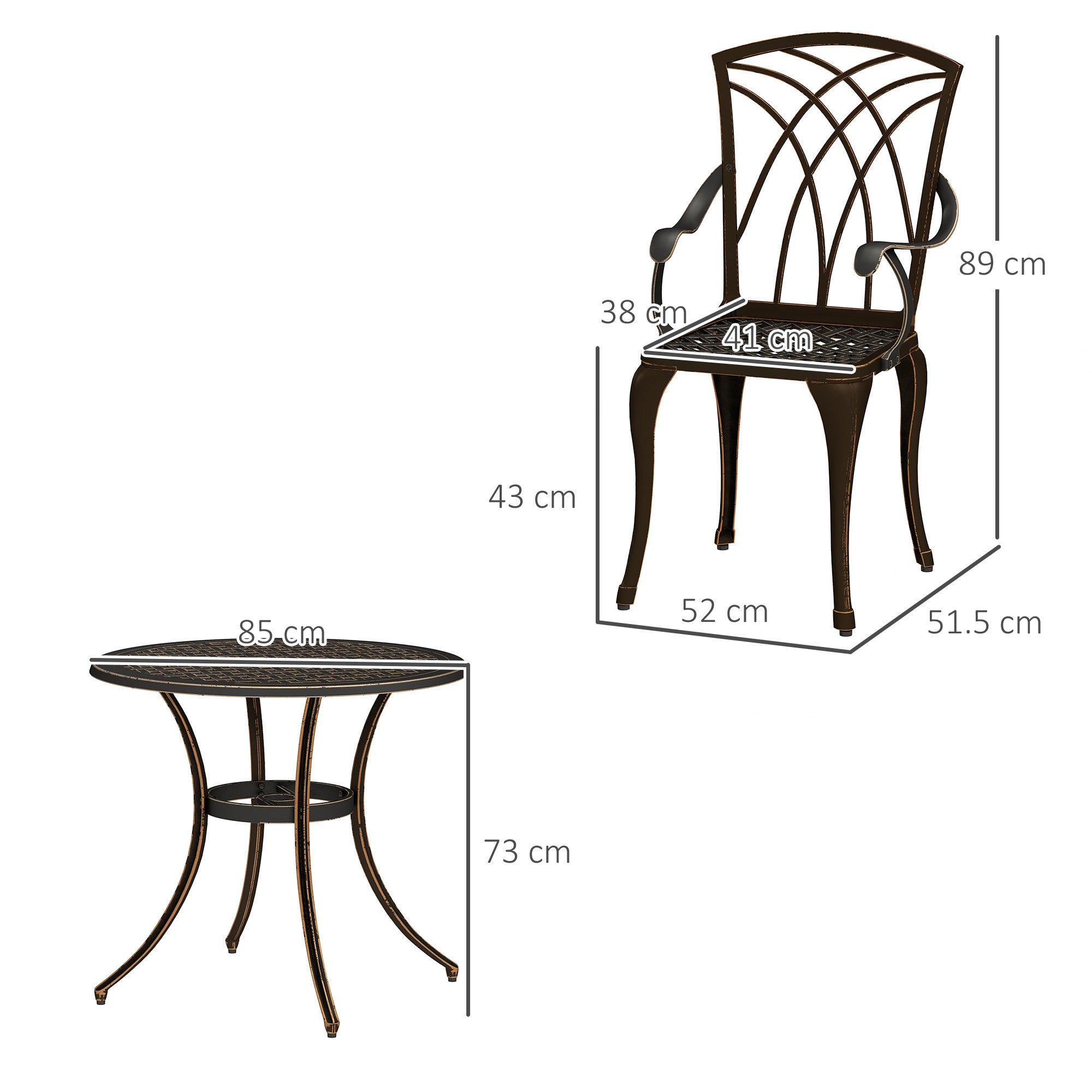 Outsunny 5 Pieces Garden Dining Set for 4, Cast Aluminium Outdoor Dining Set with 4 Armchairs and Round Dining Table with Parasol Hole, Garden Furniture Bistro Set, Bronze Tone