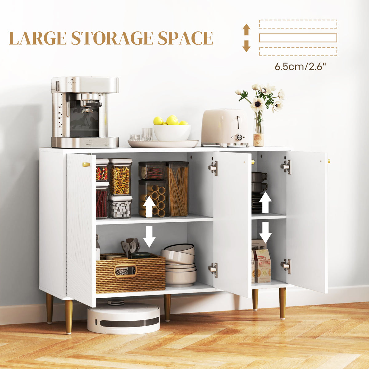 Elegant Two-Cupboard Sideboard - White/Gold-Tone