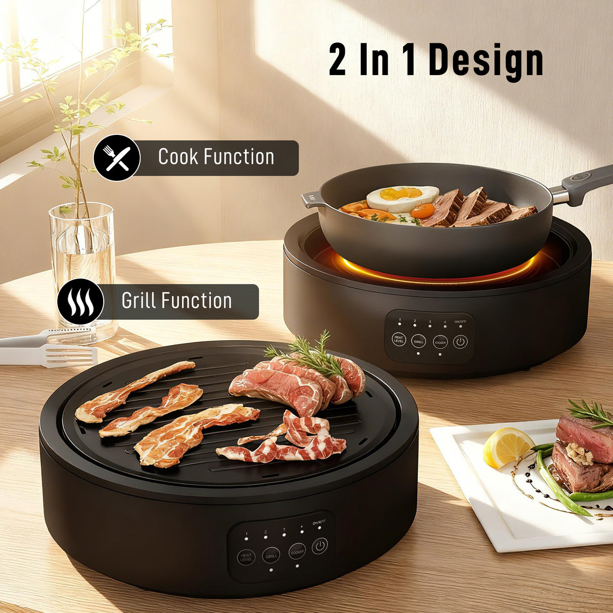 Electric Ceramic Hob with Grill Plate, Multifunctional 36cm Plug in Electric Hob with 4 Heat Levels for All Type Pot