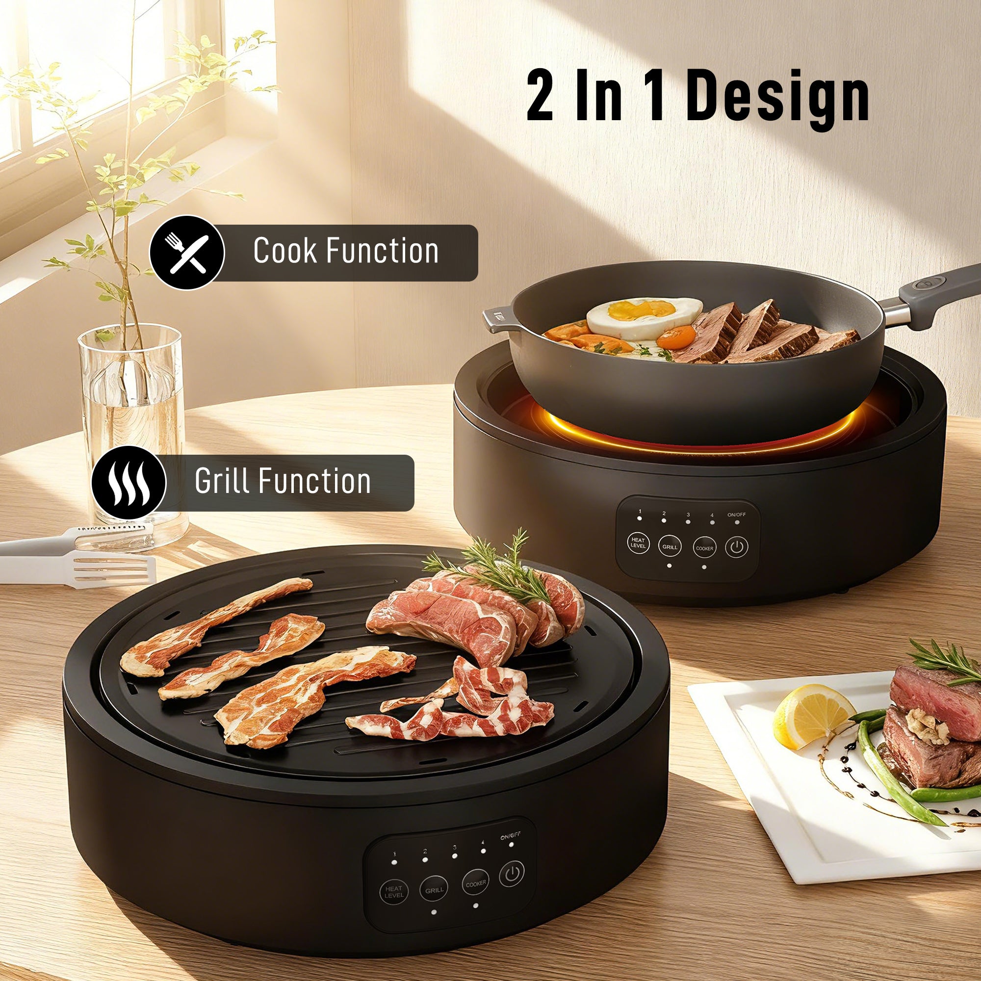 Electric Ceramic Hob with Grill Plate, Multifunctional 36cm Plug in Electric Hob with 4 Heat Levels for All Type Pot
