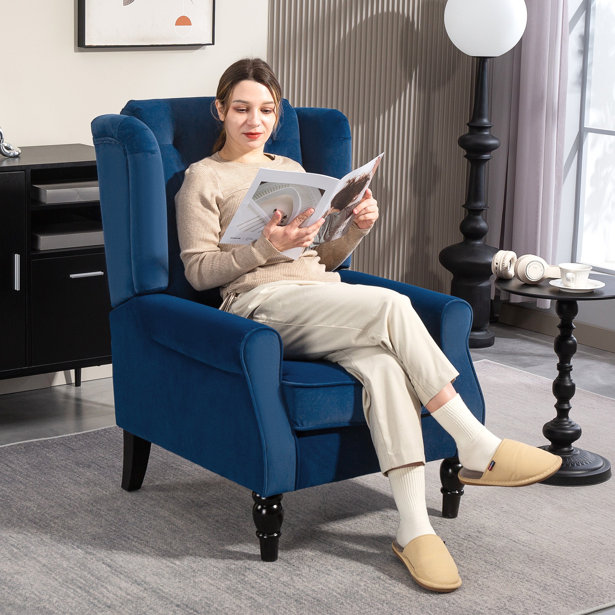 HOMCOM Wingback Accent Chair, Retro Upholstered Button Tufted Occasional Chair for Living Room and Bedroom, Blue