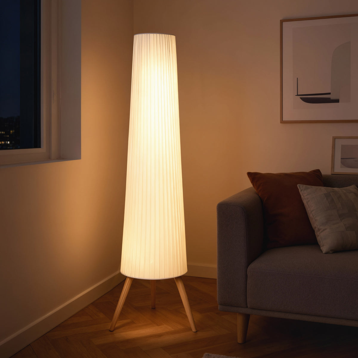 Dimmable Tripod Floor Lamp with Foot Switch, Nordic Standing Lamp with Fabric Shade, 153cm, White, White and Natural