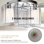 Modern Chandelier, Semi-Flush Mount Ceiling Light with Glass Lampshade, 2 x E27 Bulb Base for Hallway, Dining Room, Living Room, White and Silver