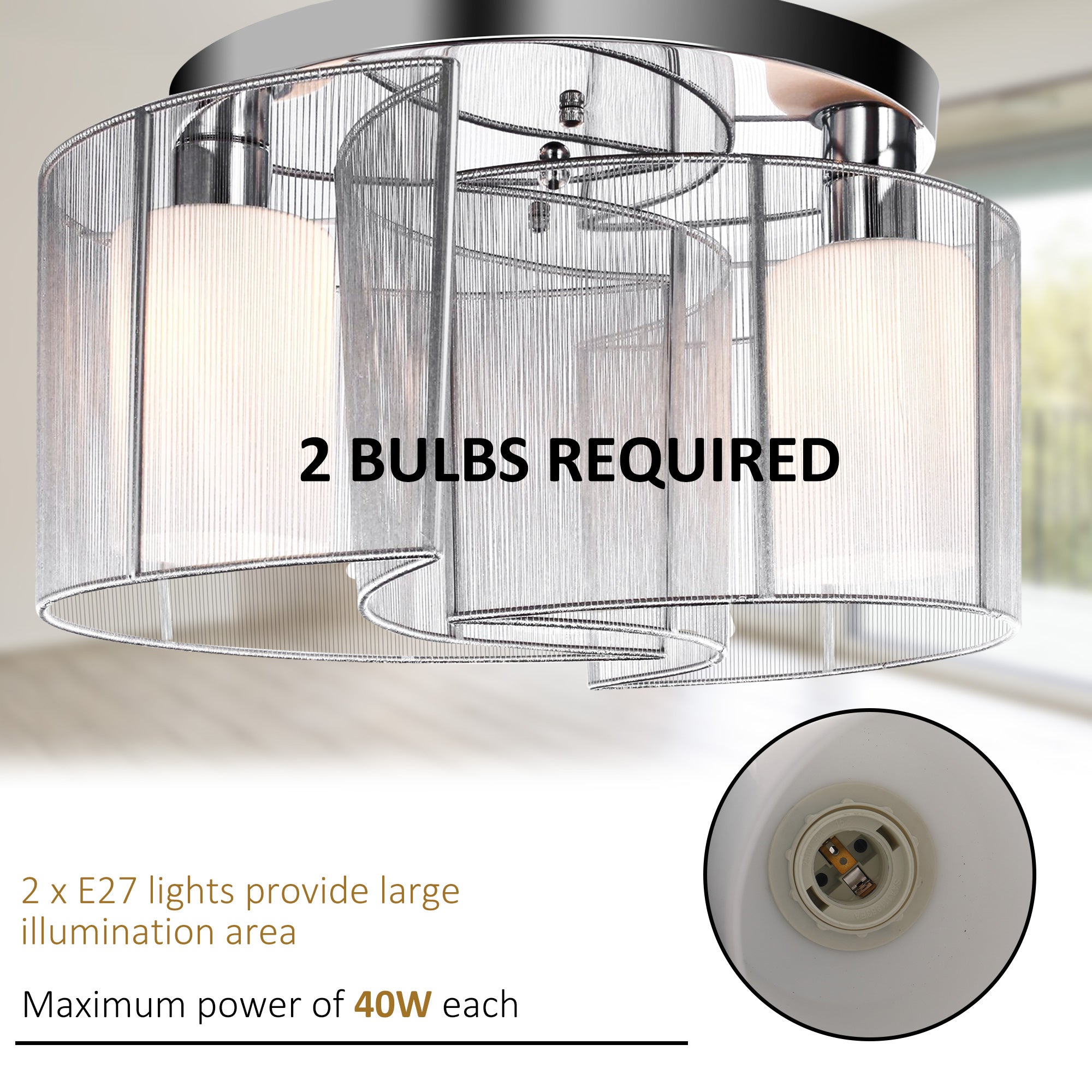 Modern Chandelier, Semi-Flush Mount Ceiling Light with Glass Lampshade, 2 x E27 Bulb Base for Hallway, Dining Room, Living Room, White and Silver