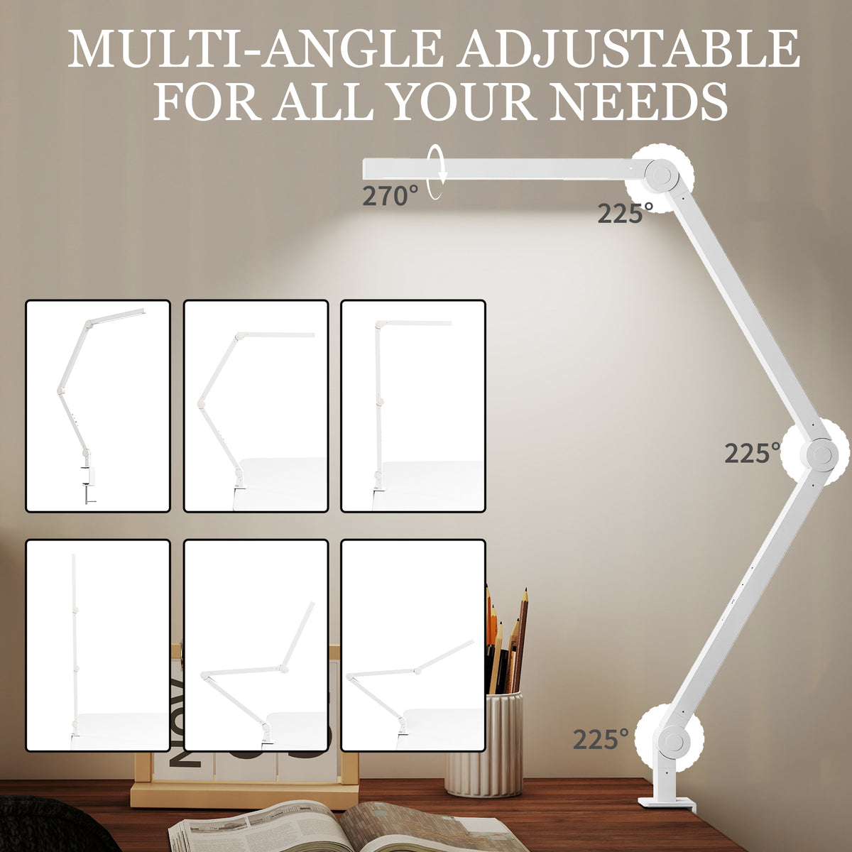 LED Desk Lamp, Dimmable Desk Light with Swing Arm and Clamp, Adjustable Eye-Caring Table Lamp with 2 Colour Modes & 5 Brightness Levels for Study, Drawing, Office, Architect, Task, White