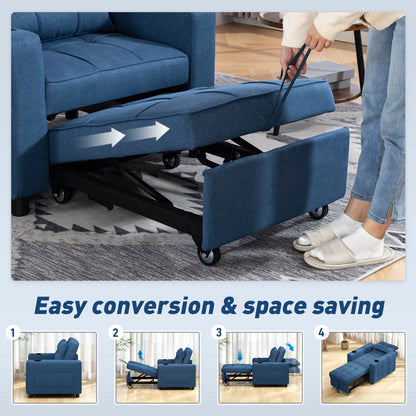 3-in-1 Single Sofa Bed, Convertible Sleeper Chair Bed with 3-level Adjustable Back - Dark Blue