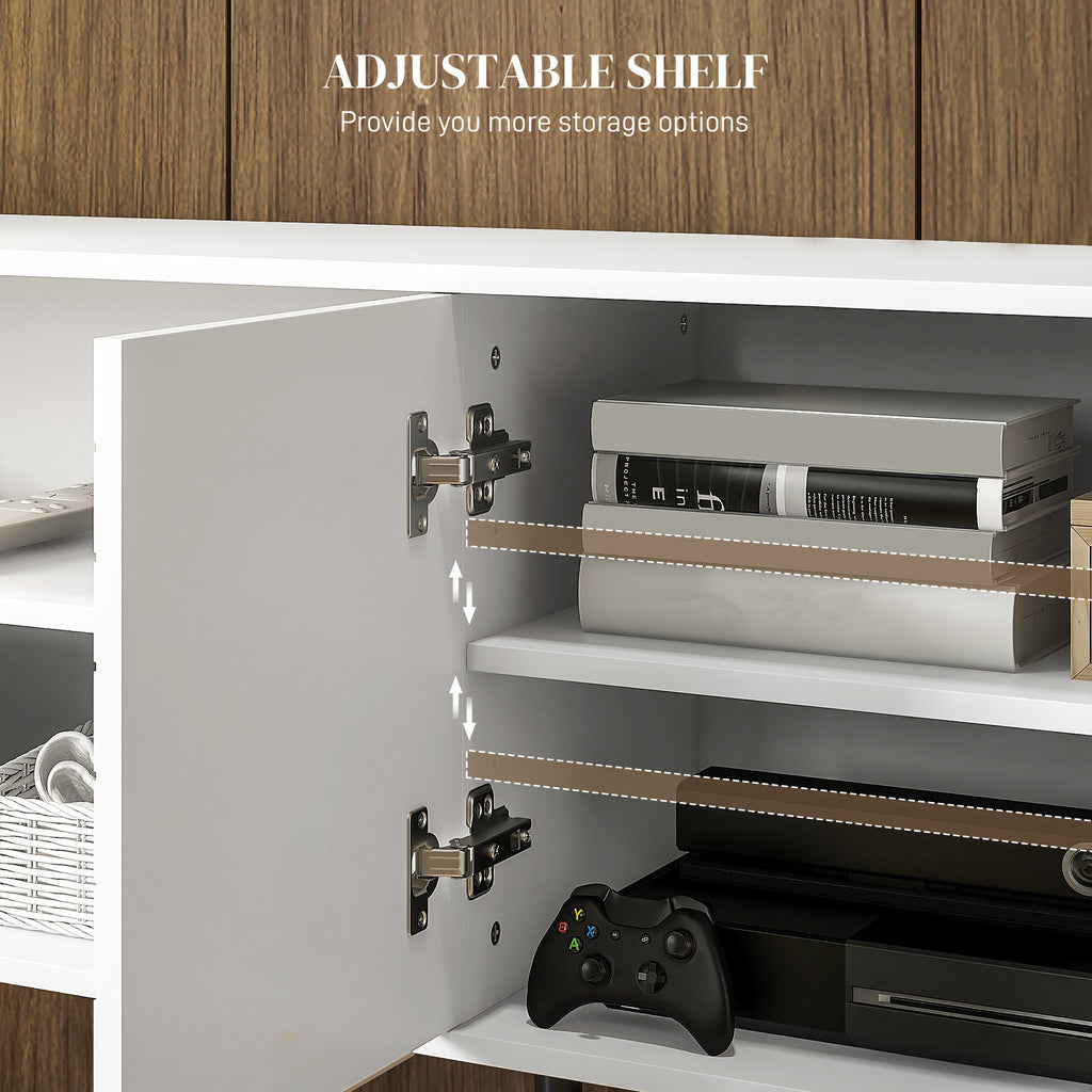 TV Stand with Cupboard, Open Shelves, Striped Doors, Wooden legs, White