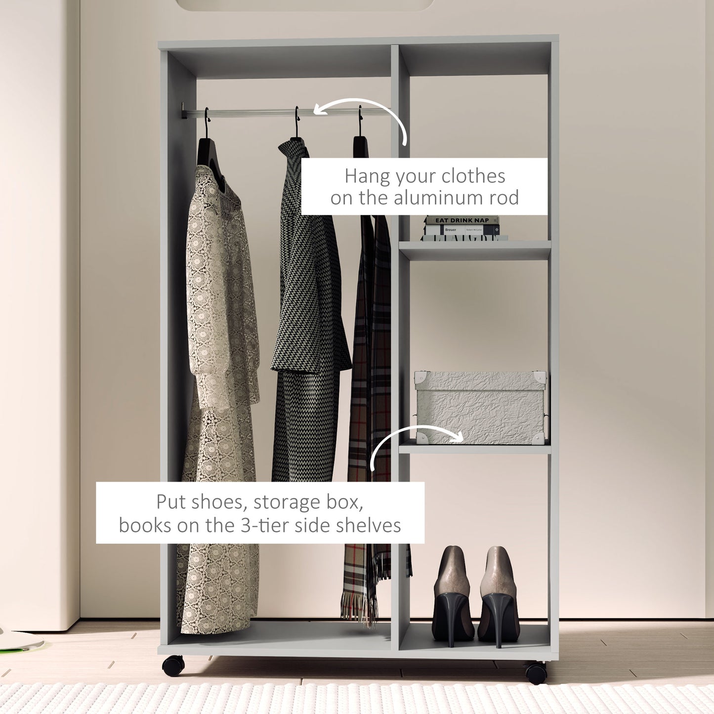 Open Wardrobe on Wheels, Bedroom Wardrobe with Clothes Hanging Rail, 3 Storage Shelves, Mobile Garment Rack for Cloakroom, Hallway, Grey