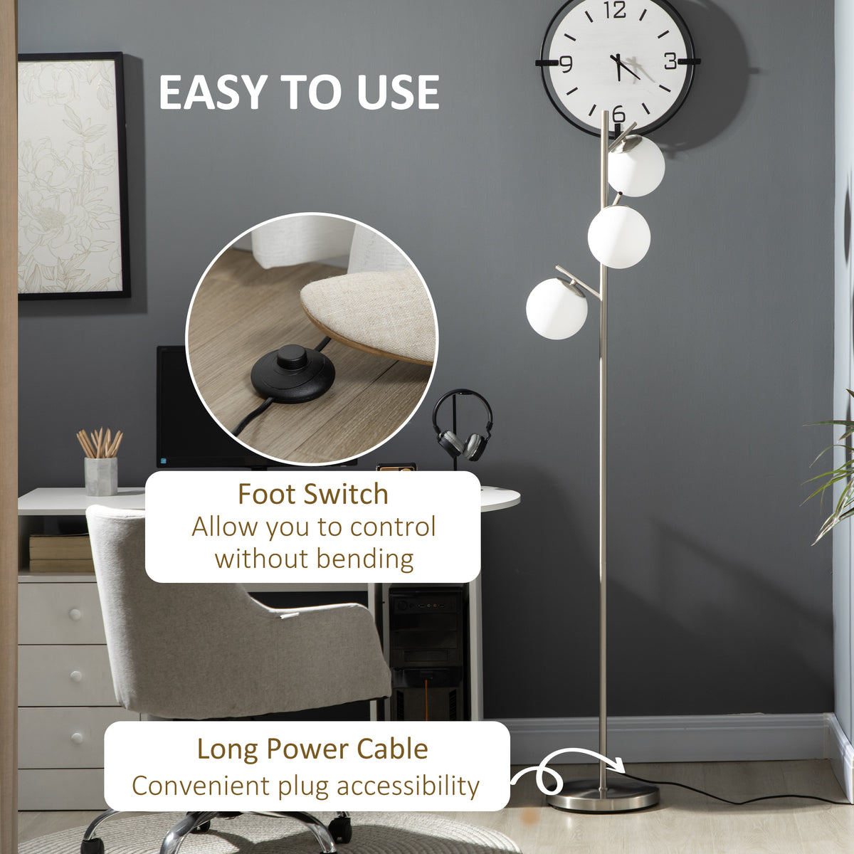3-Light Tree Floor Lamps for Living Room, Modern Standing Lamp for Bedroom with Globe Lampshade, Steel Base, Bulb not Included, Silver Tone