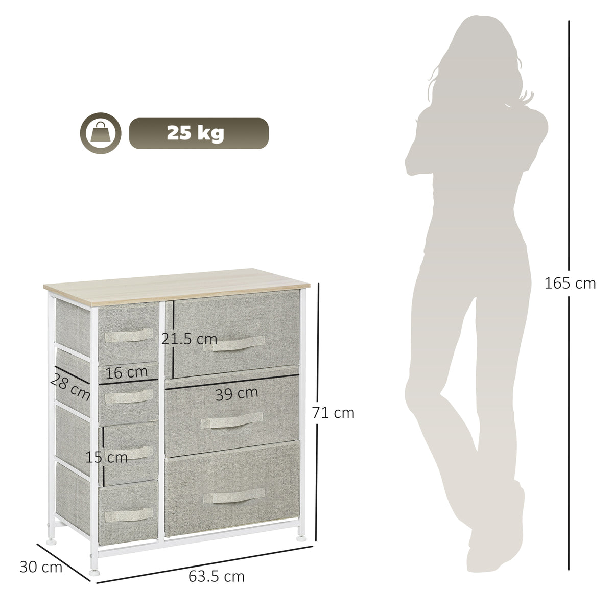 Chest of Drawers with 7 Drawers, Fabric Drawers with Large Storage Space, Drawers Dresser with Metal Frame, Adjustable Feet for Bedroom Living Room, Light Grey