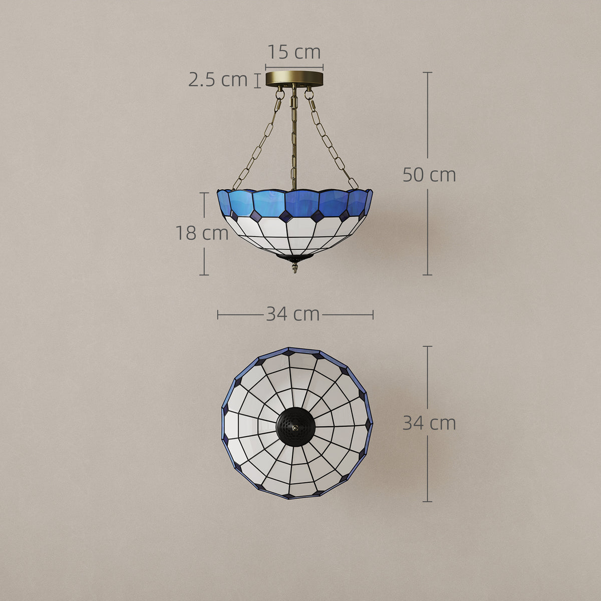 Tiffany Style Ceiling Light, Vintage Chandelier with 3 E27 Sockets, Semi Flush Mount for Living Room, Bulbs Not Included