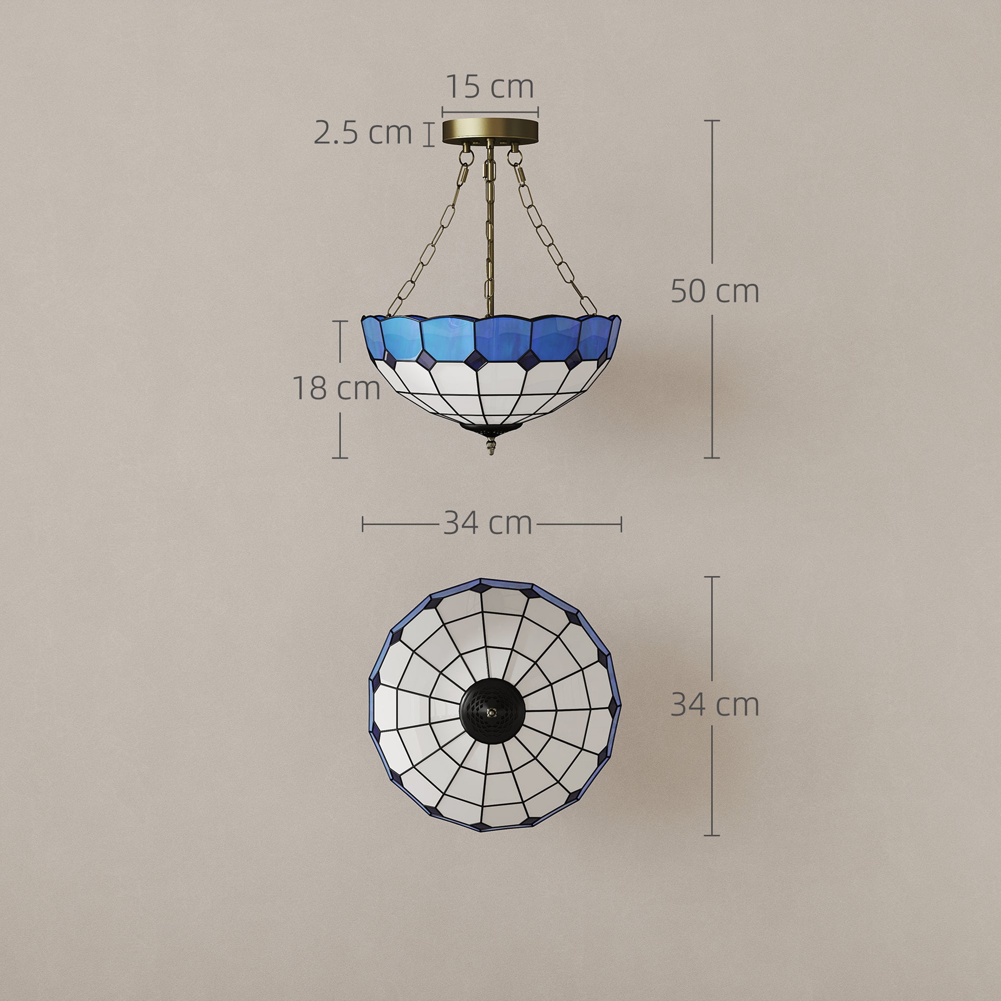 Tiffany Style Ceiling Light, Vintage Chandelier with 3 E27 Sockets, Semi Flush Mount for Living Room, Bulbs Not Included
