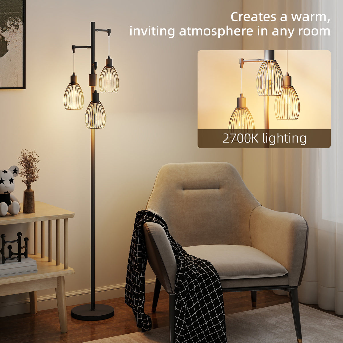 3-Light LED Floor Lamp, 170cm Industrial Dimmable Standing Lamp with Steel Wire Cage Lampshades, 2700K for Living Room, Bedroom, Dining Room, Study, Black