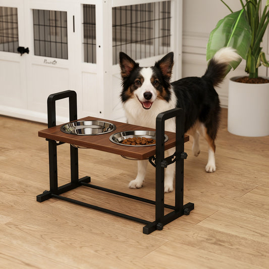 PawHut Raised Dog Bowls with Stand, 4 Heights Adjustable Pet Feeder with 3 Adjustable Angles for Small, Medium & Large Breeds, Brown