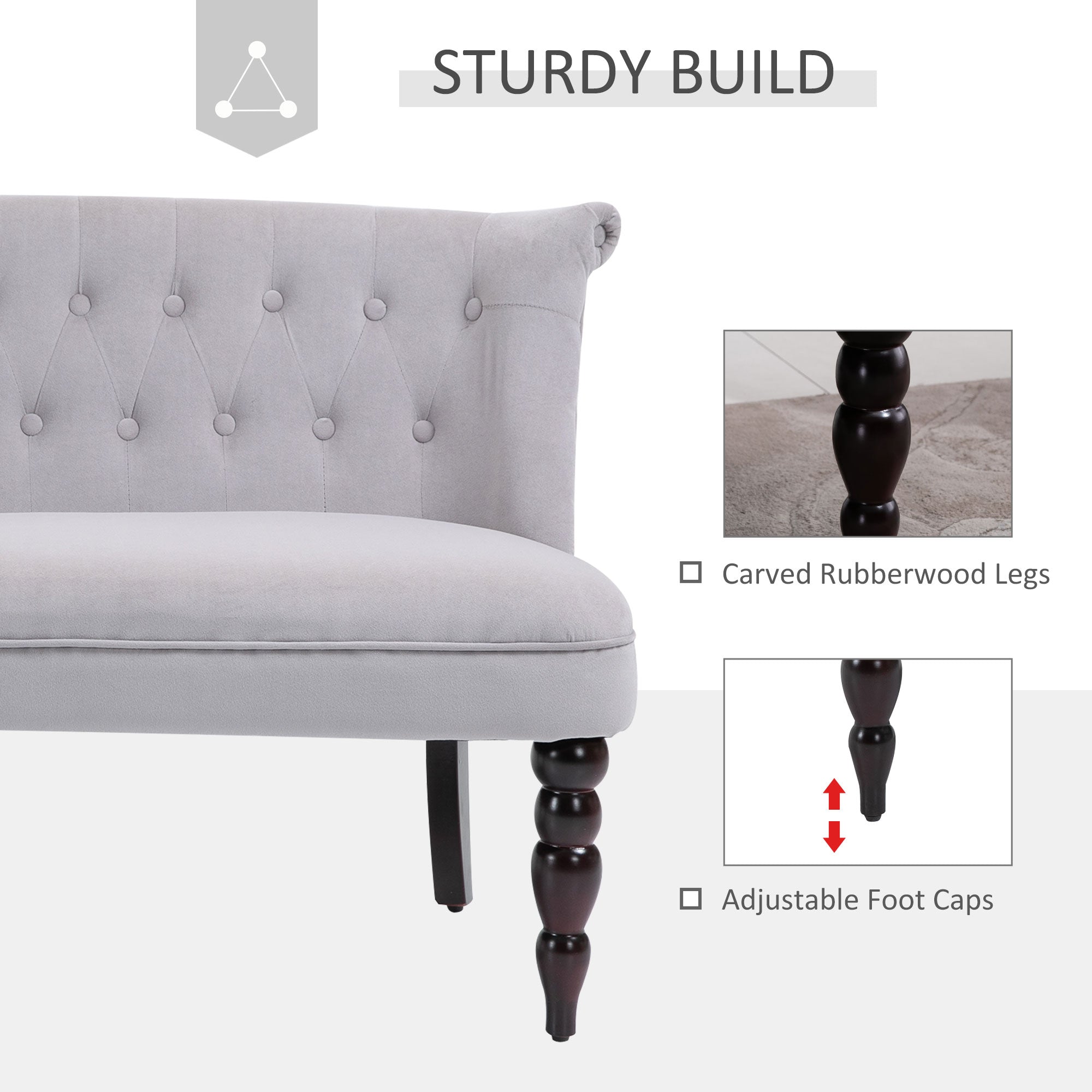 HOMCOM Velvet 2 Seater Sofa, Button Tufted Wingback Loveseat with Rubber Wood Legs for Living Room, Bedroom, Grey