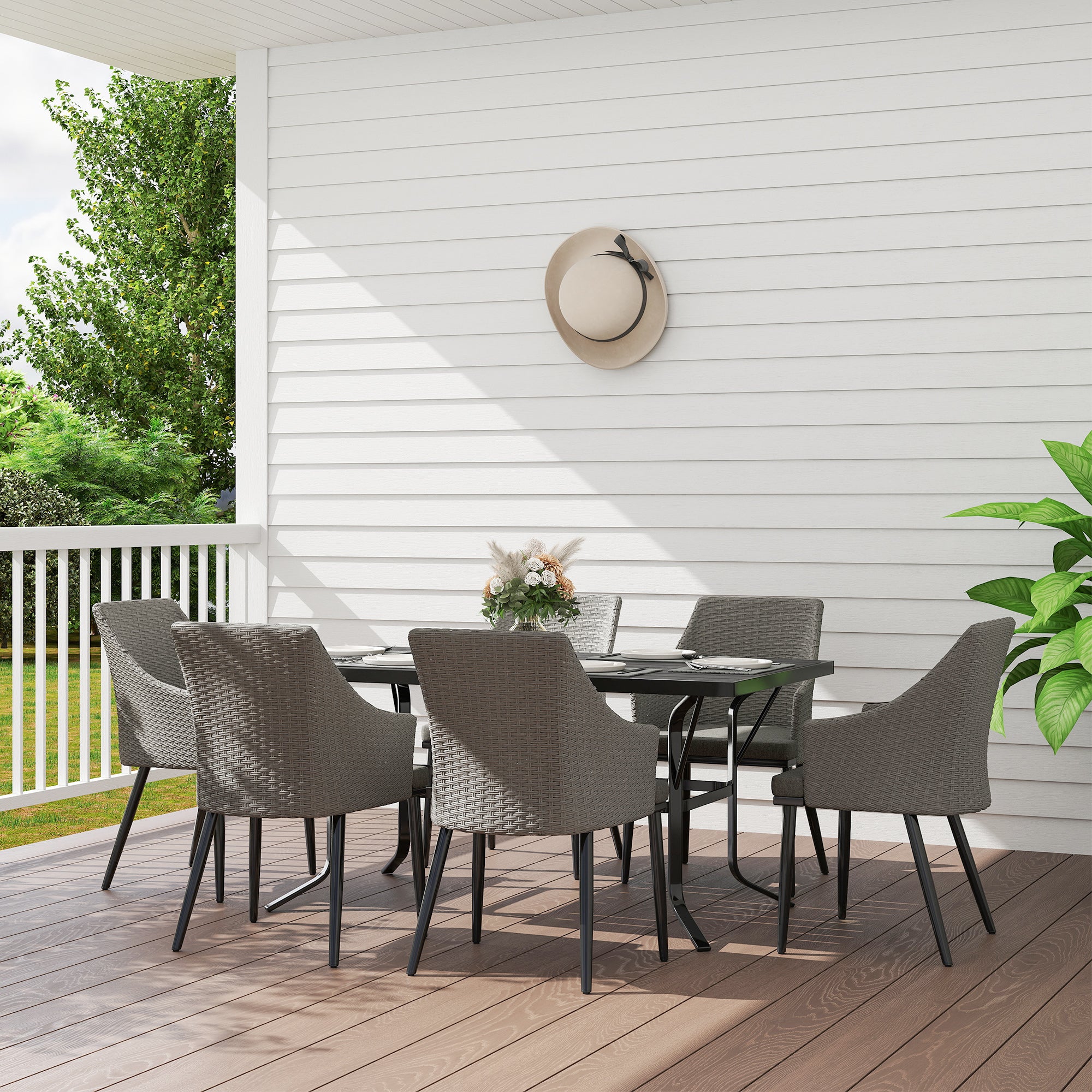 Outsunny 6 Seater Rattan Dining Set with Cushions, Garden Furniture Set with Armchairs, Rectangle Slatted Table Top, Steel Frame, Parasol Hole, Wicker Outdoor Furniture for Patio, Balcony, Grey