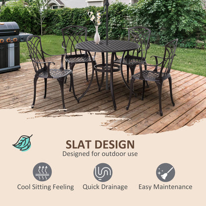 Outsunny 5 Pieces Garden Dining Set for 4, Cast Aluminium Outdoor Dining Set with 4 Armchairs and Round Dining Table with Parasol Hole, Garden Furniture Bistro Set, Brown
