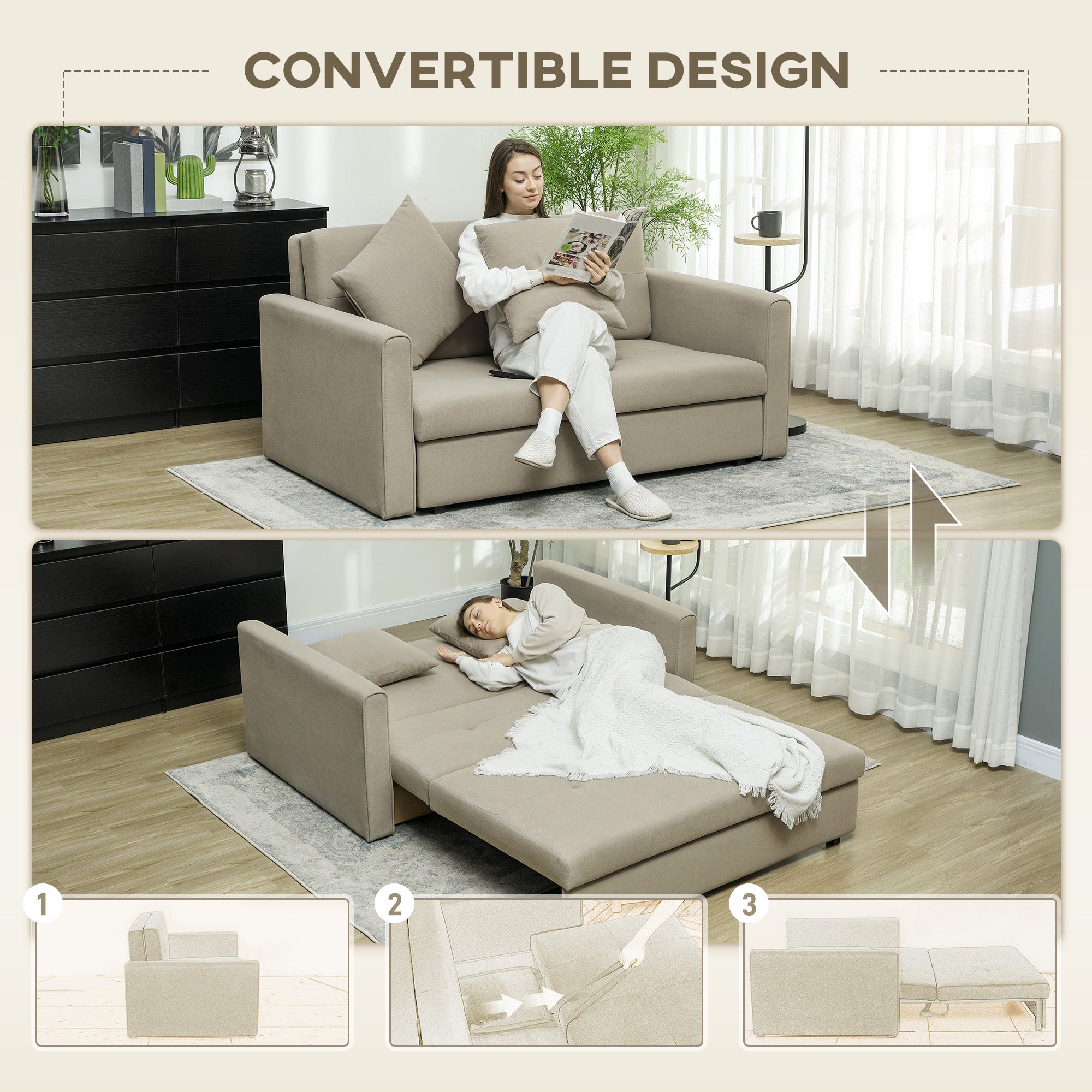 HOMCOM 2 Seater Sofa Bed with Hidden Storage, Pull Out Convertible Bed Settee, Modern Snow Flannel Loveseat Sofa Sleeper with 2 Cushions for Living Room, Guest Room, Light Brown