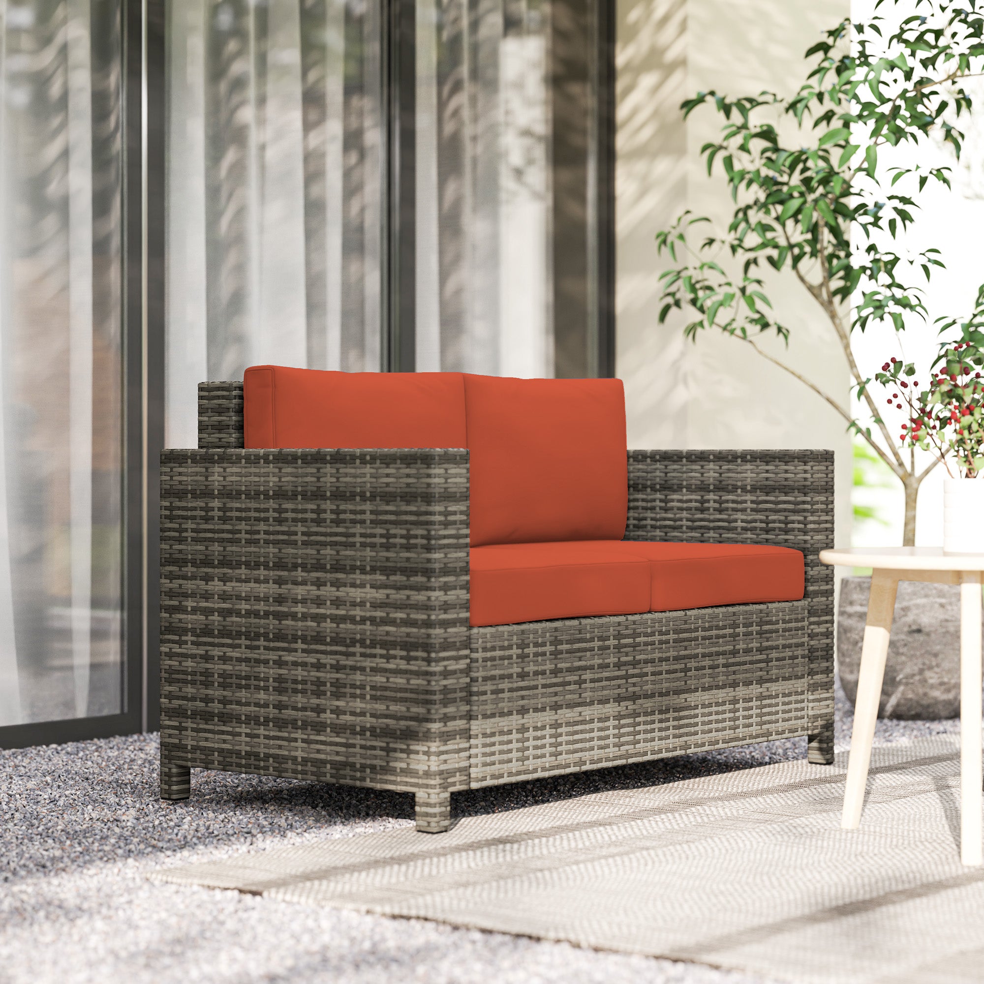 Outsunny Rattan Sofa, 2 Seater Garden Furniture with Soft Padded Cushion and Armrests, Wicker Garden Loveseat for Patio, Grey