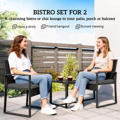 Outsunny Rattan Bistro Set, 3 Piece Garden Furniture Set with Glass Top Table and Cushions, Dark Grey