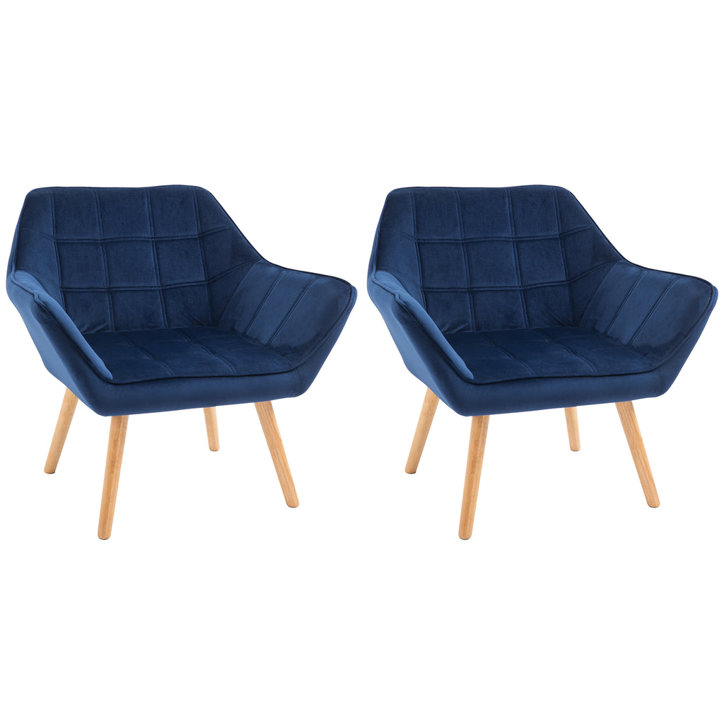 HOMCOM Accent Chair, Velvet Upholstered Vanity Tub Chair with Flared Armrests, Slanted Back, Solid Wood Legs, Comfy Padding Armchair, Home Bedroom Furniture Seating, Set of 2, Blue