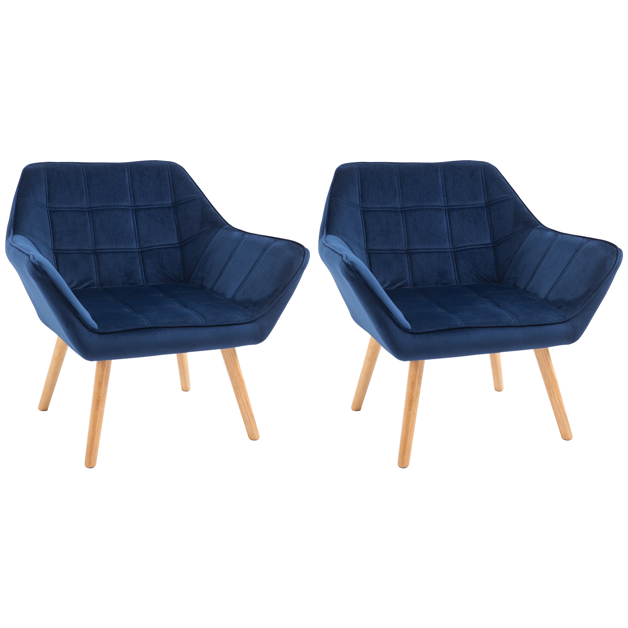 HOMCOM Accent Chair, Velvet Upholstered Vanity Tub Chair with Flared Armrests, Slanted Back, Solid Wood Legs, Comfy Padding Armchair, Home Bedroom Furniture Seating, Set of 2, Blue