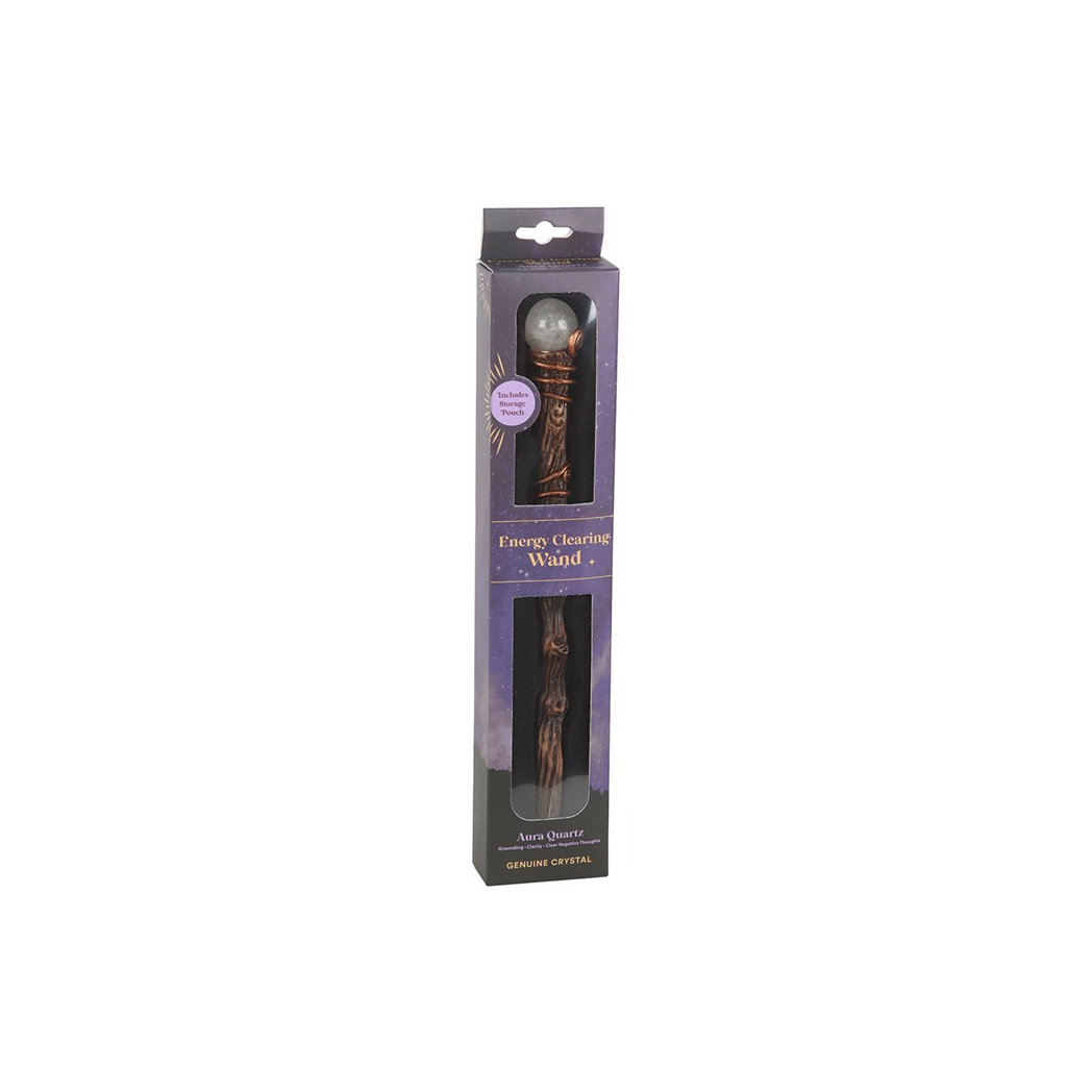 Energy Clearing Aura Quartz Crystal Wand with Pouch