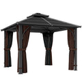 Outsunny 3 x 3(m) Hardtop Gazebo Canopy with 7mm Polycarbonate Double-Tier Roof, Garden Gazebo Permanent Pavilion with Mosquito Netting and Curtains for Patio, Terrace, Brown