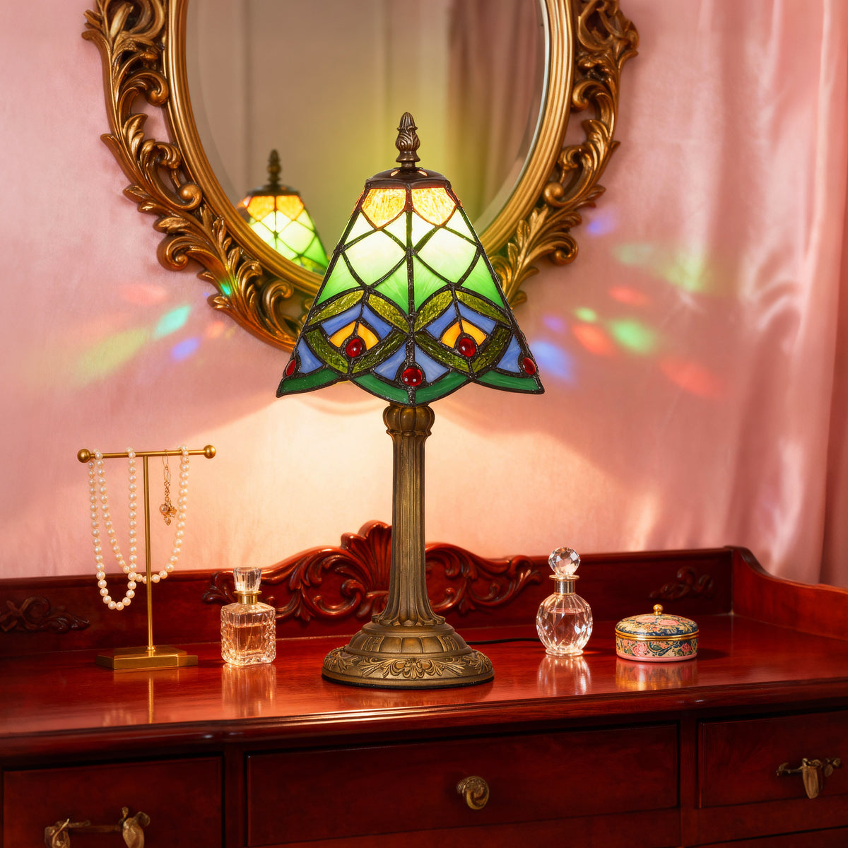 Tiffany-Style Table Lamp with Geometric Patterns, Handcrafted Antique Stained Glass Bedside Lamp for Living Room and Bedroom, E27 Socket, Green