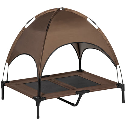 PawHut Outdoor Dog Bed with Removable Canopy, Portable Raised Dog Bed for Camping, Garden & Beach, Water-Resistant UV-Protection Mesh Pet Cot Sun Lounger, for Large Pets, 92 x 76 x 90 cm, Brown
