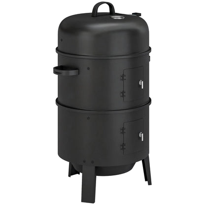 Outsunny 3-in-1 Vertical Charcoal Smoker with 2 Grill Grates, Built-in Thermometer, Adjustable Vent, 2 Doors