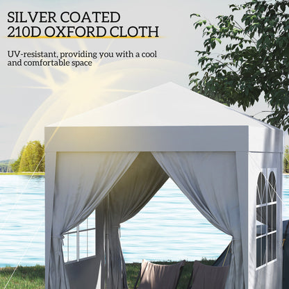 Outsunny 2 x 2 m Garden Pop Up Gazebo, Wedding Party Tent Marquee, Water Resistant Awning Canopy with Sidewalls, Windows, Carry Bag, White