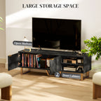 Marble Effect TV Unit, Modern TV Stand Cabinet for up to 70" TVs, with Shelves and Storage Cupboard, Fluted Door, Extra Centre Leg, Cable Management for Living Room, Black