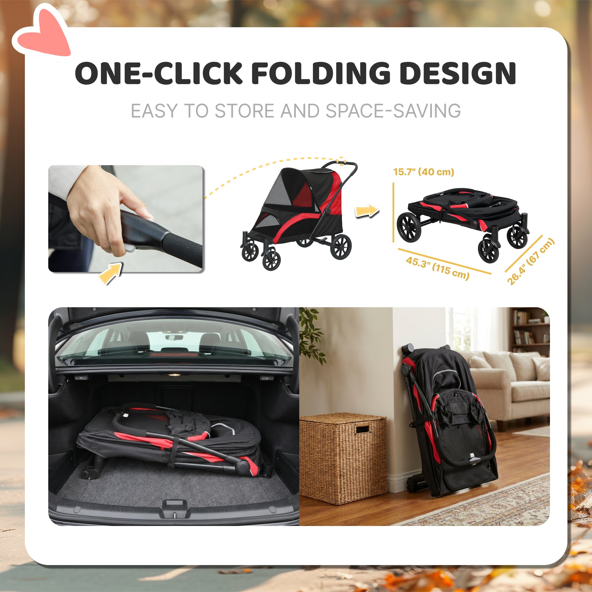 PawHut Foldable Pet Stroller for Large Dogs with Four Big Wheels, Shock-Absorbing Frame, Safety Leashes, Brakes, Red/Black