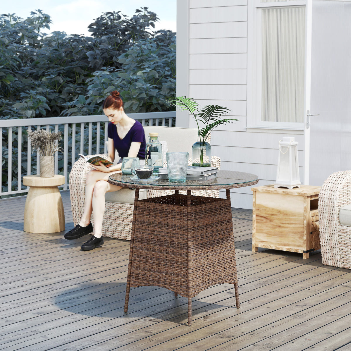 Outsunny Wicker Garden Rattan Table, Patio Furniture Outdoor Coffee Table with Umbrella Hole and Tempered Glass Top, Brown