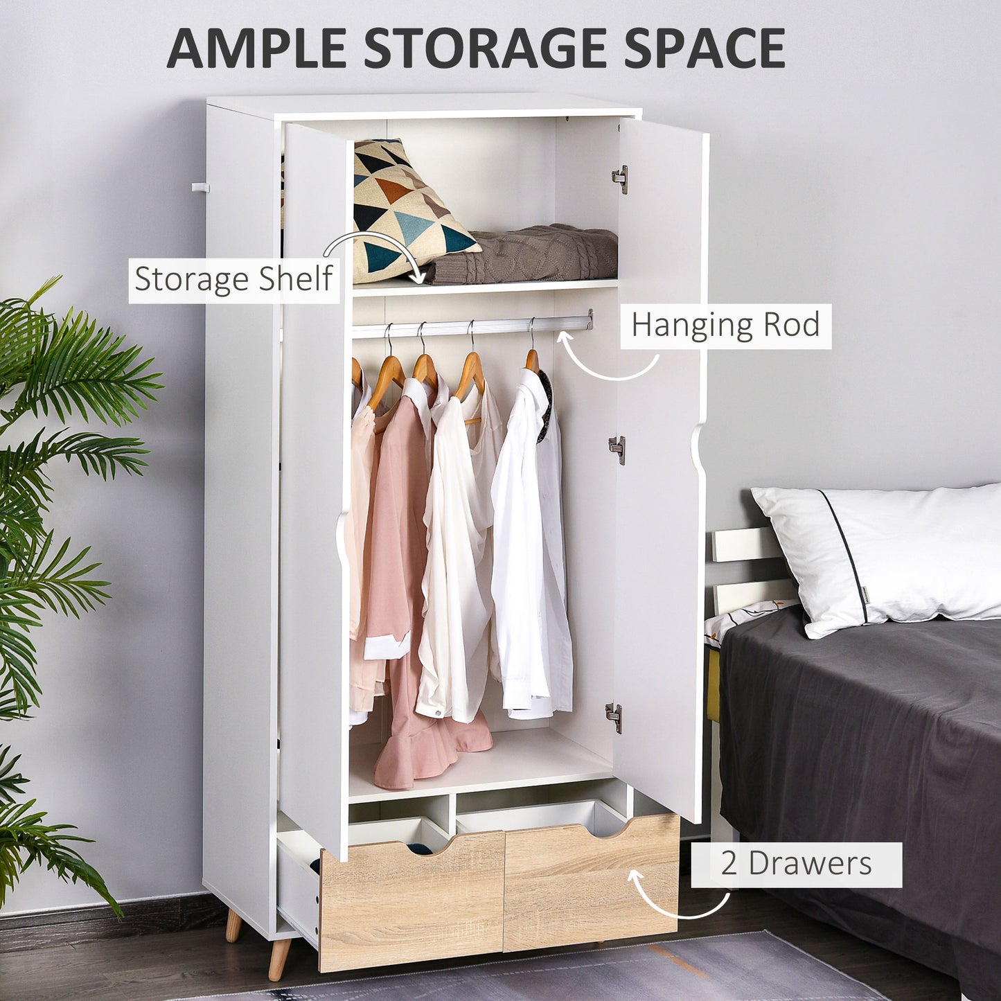 2-Door Clothes Wardrobe w/ Rail Shelf 2 Drawers Wood Feet Elegant Home Storage Organisation Furniture, White