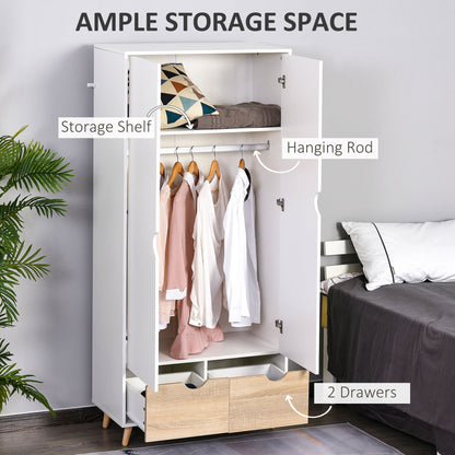 2-Door Clothes Wardrobe w/ Rail Shelf 2 Drawers Wood Feet Elegant Home Storage Organisation Furniture, White