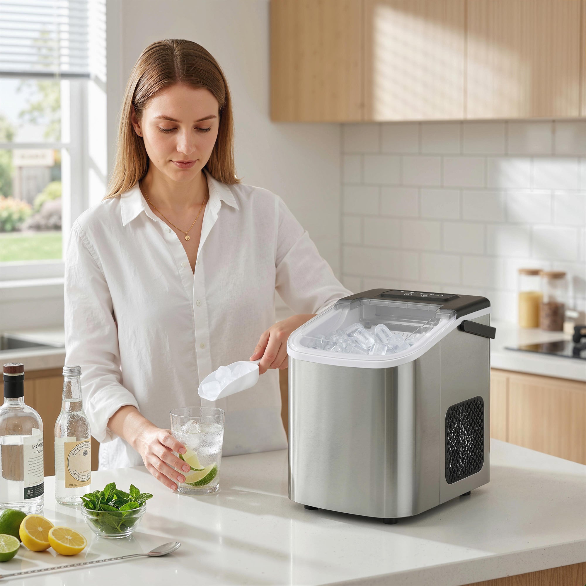 Ice Maker Machine Countertop, 9 Cubes Ready in 7 Mins, 12 KG in 24Hrs, 2 Sizes of Bullet, Self-Cleaning Ice Machine with Handle, Scoop & Basket for Home Kitchen Office RV, Stainless Steel