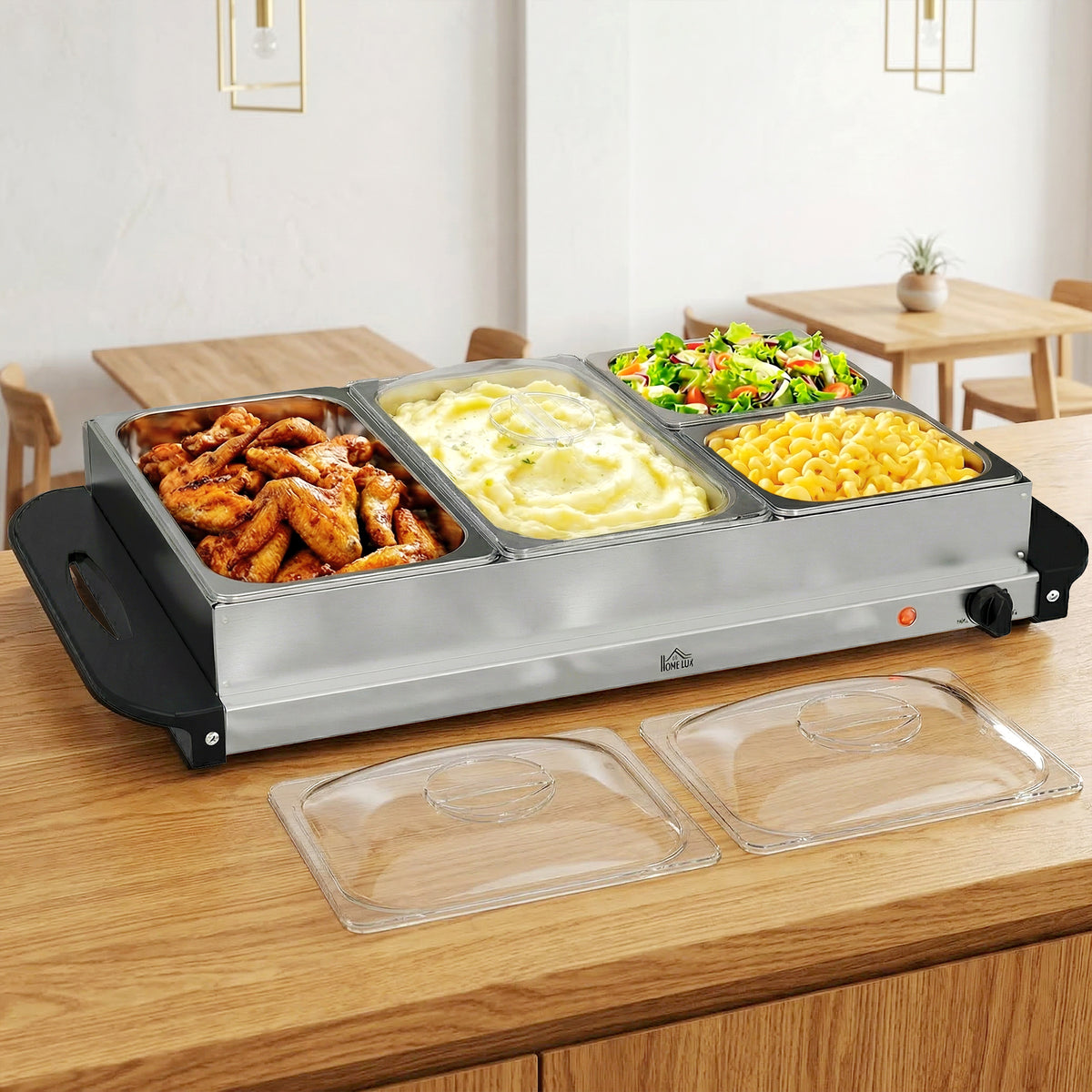 4 Tray Electric Food Warmer Buffet Server with Warming Plate, Cool Touch Handles, Adjustable Temperature, 300W, 2 x 2.4L and 2 x 1L Pans