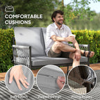 Outsunny 4 Piece Rattan Garden Furniture Set, 4 Seater Wicker Patio Conversation Set with 2 Armchairs, Loveseat, Glass Top Coffee Table and Cushions for Outdoor, Balcony, Grey